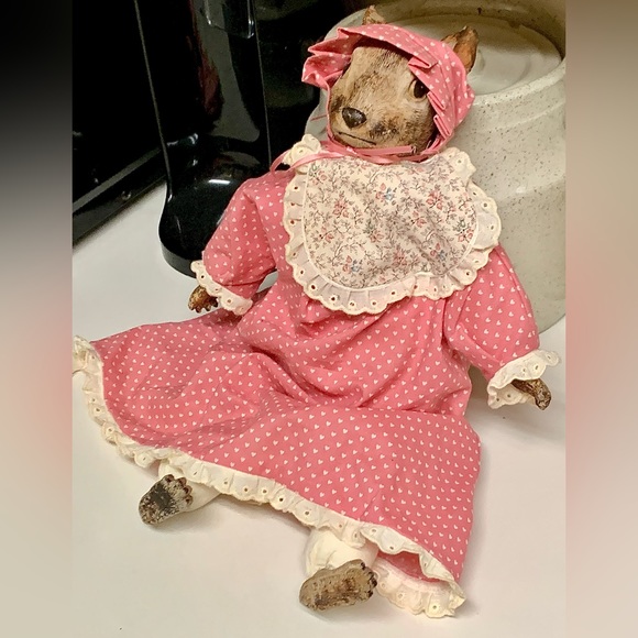 Vintage Artisan Hand Crafted Female Baby Doll Pink Dress Rabbit Head Baroque - Picture 15 of 15